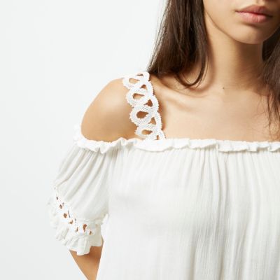 Cream crochet strap cold shoulder top